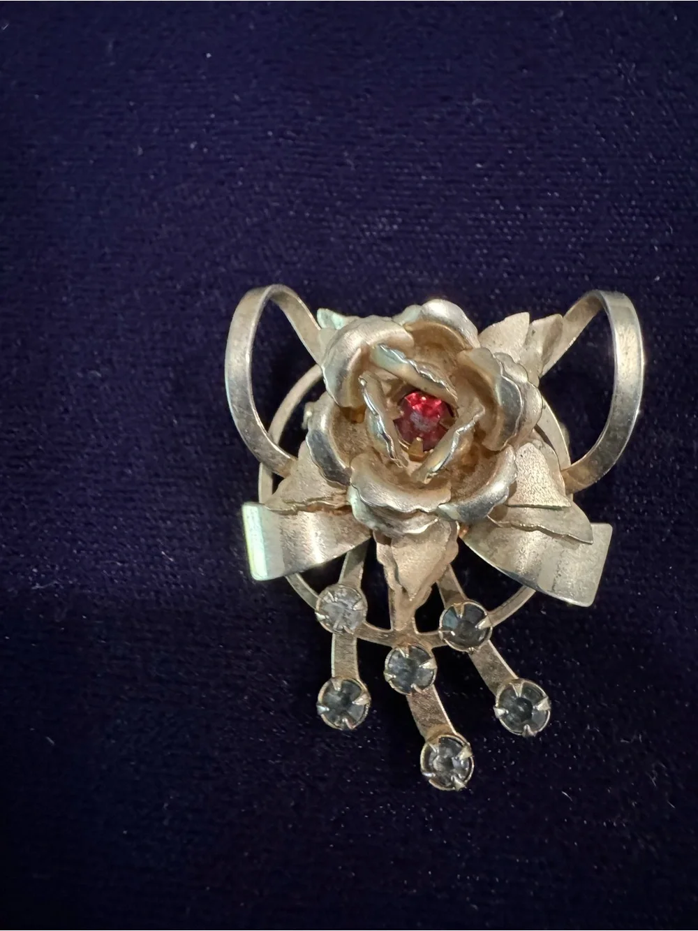 Gold-Tone Floral Brooch with Red Center Stone - Women Jewelry